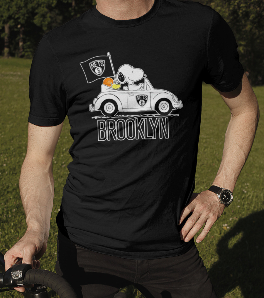 Brooklyn Nets Snoopy Driving Car With Basketball And Flag T-Shirt