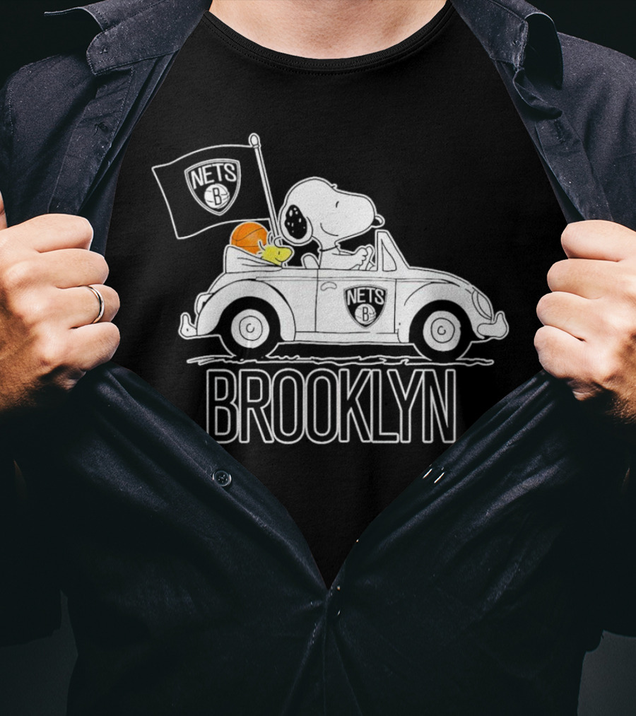Brooklyn Nets Snoopy Driving Car With Basketball And Flag T-Shirt