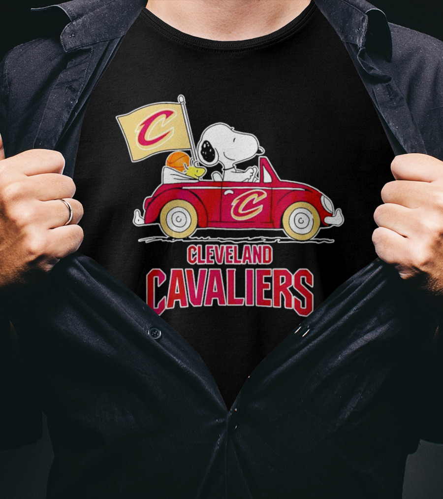 Cleveland Cavaliers Snoopy Driving Car With Basketball And Flag T-Shirt