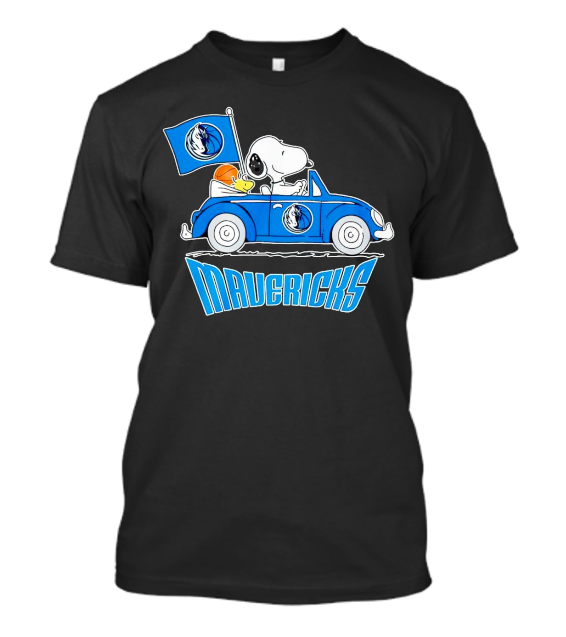 Mavericks Basketball Snoopy Driving Car With Logo Flag T-Shirt