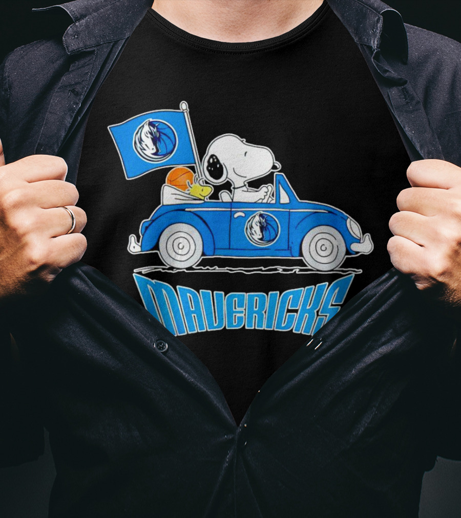Mavericks Basketball Snoopy Driving Car With Logo Flag T-Shirt