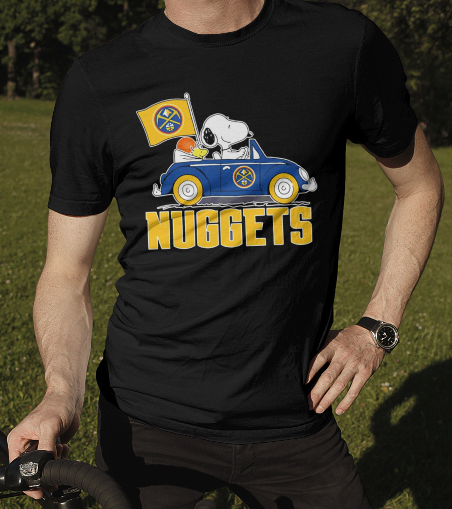 Denver Nuggets Snoopy Driving Car With Basketball Flag T-Shirt