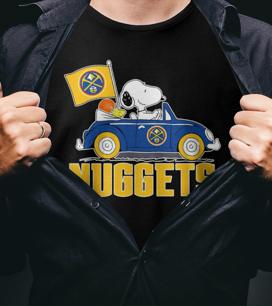Denver Nuggets Snoopy Driving Car With Basketball Flag T-Shirt