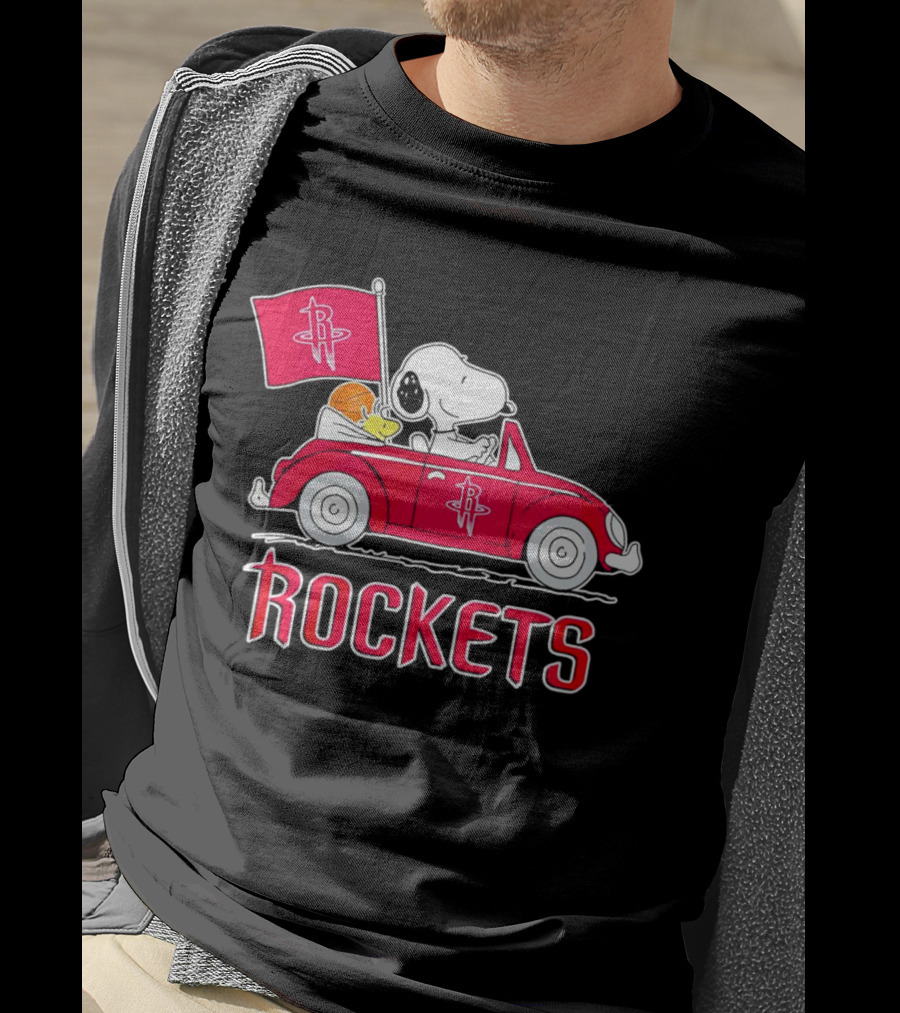 Rockets Snoopy Driving Red Car With Basketball Flag T-Shirt