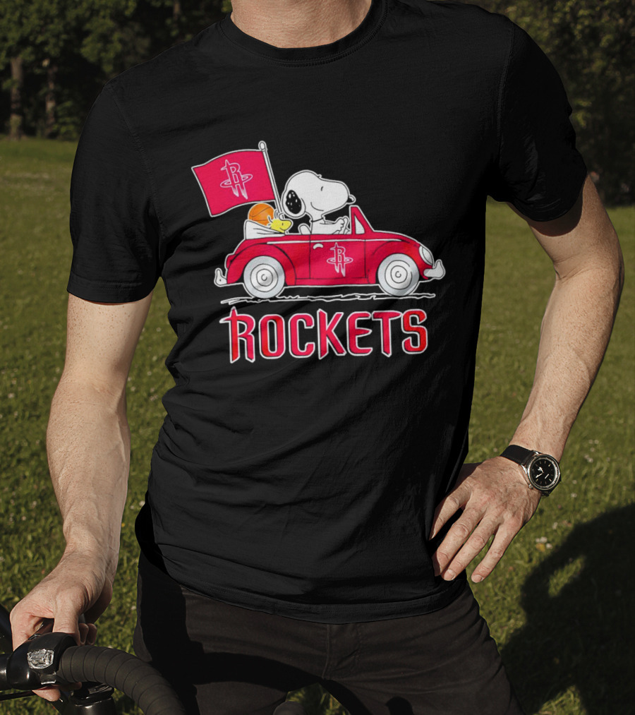 Rockets Snoopy Driving Red Car With Basketball Flag T-Shirt