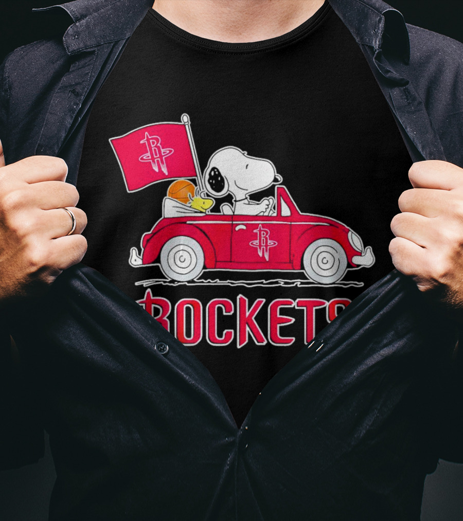 Rockets Snoopy Driving Red Car With Basketball Flag T-Shirt