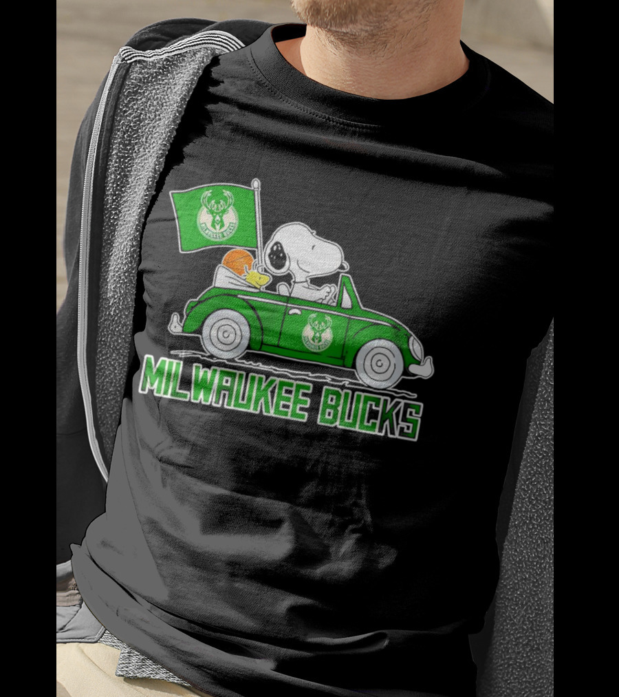Milwaukee Bucks Snoopy Driving Car With Basketball And Team Flag T-Shirt