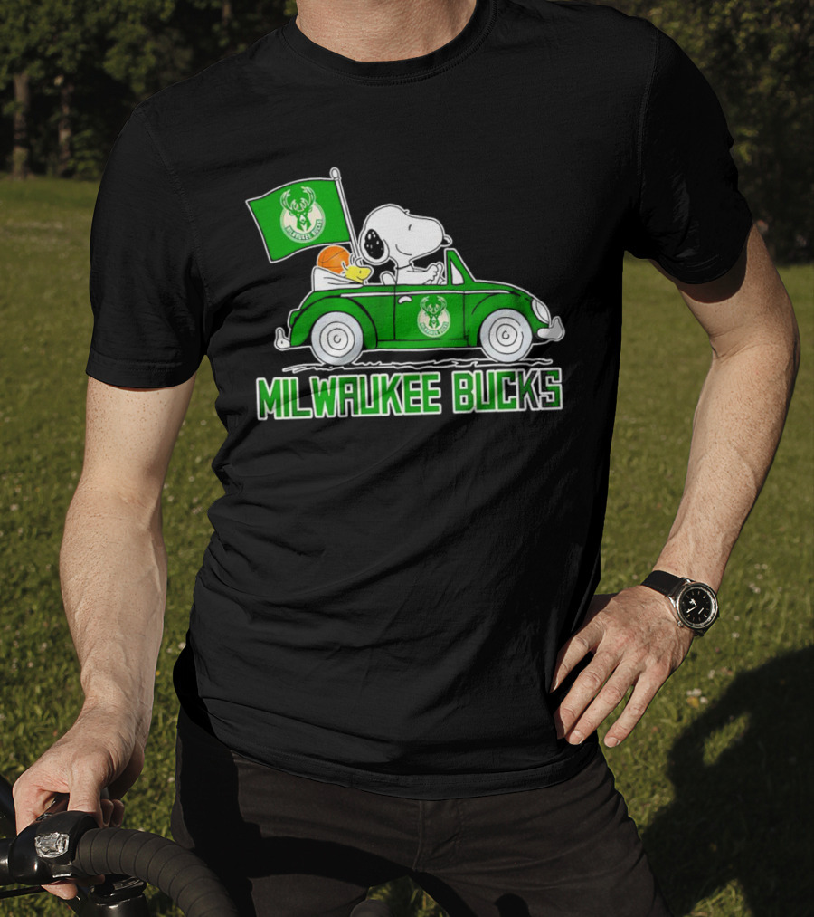 Milwaukee Bucks Snoopy Driving Car With Basketball And Team Flag T-Shirt