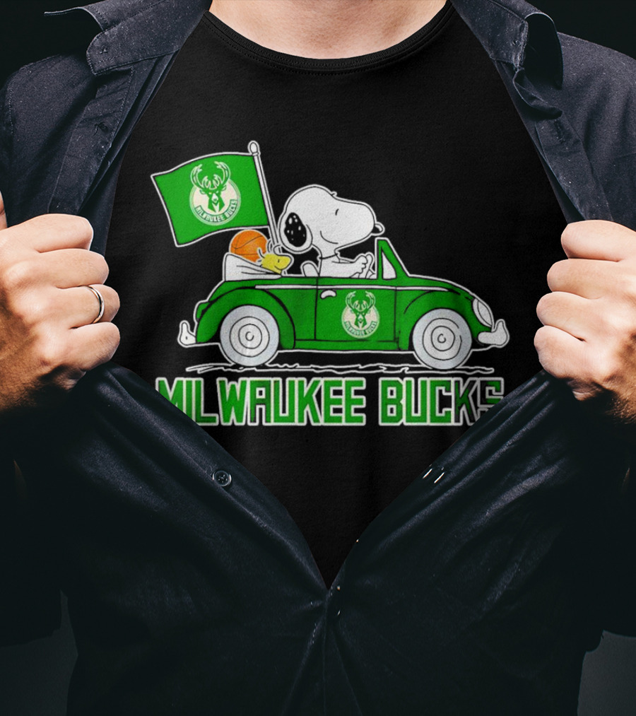 Milwaukee Bucks Snoopy Driving Car With Basketball And Team Flag T-Shirt