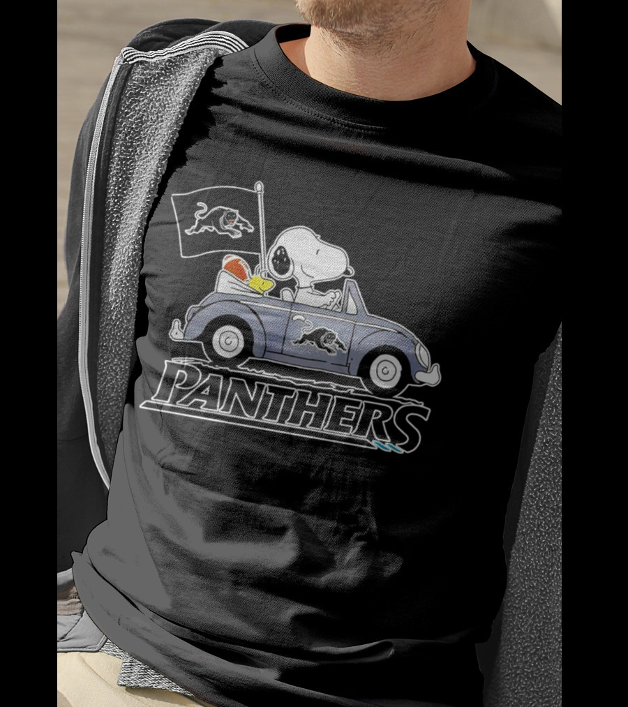 Snoopy Driving Volkswagen With Panthers Football Flag Peanuts T-Shirt