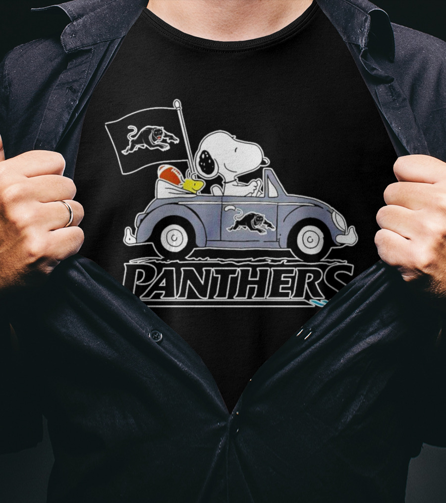 Snoopy Driving Volkswagen With Panthers Football Flag Peanuts T-Shirt
