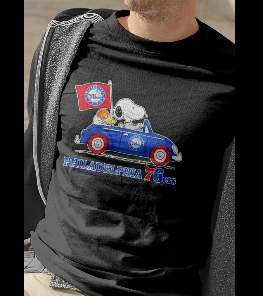 Philadelphia 76ers Snoopy Driving Car With Basketball And Flag T-Shirt