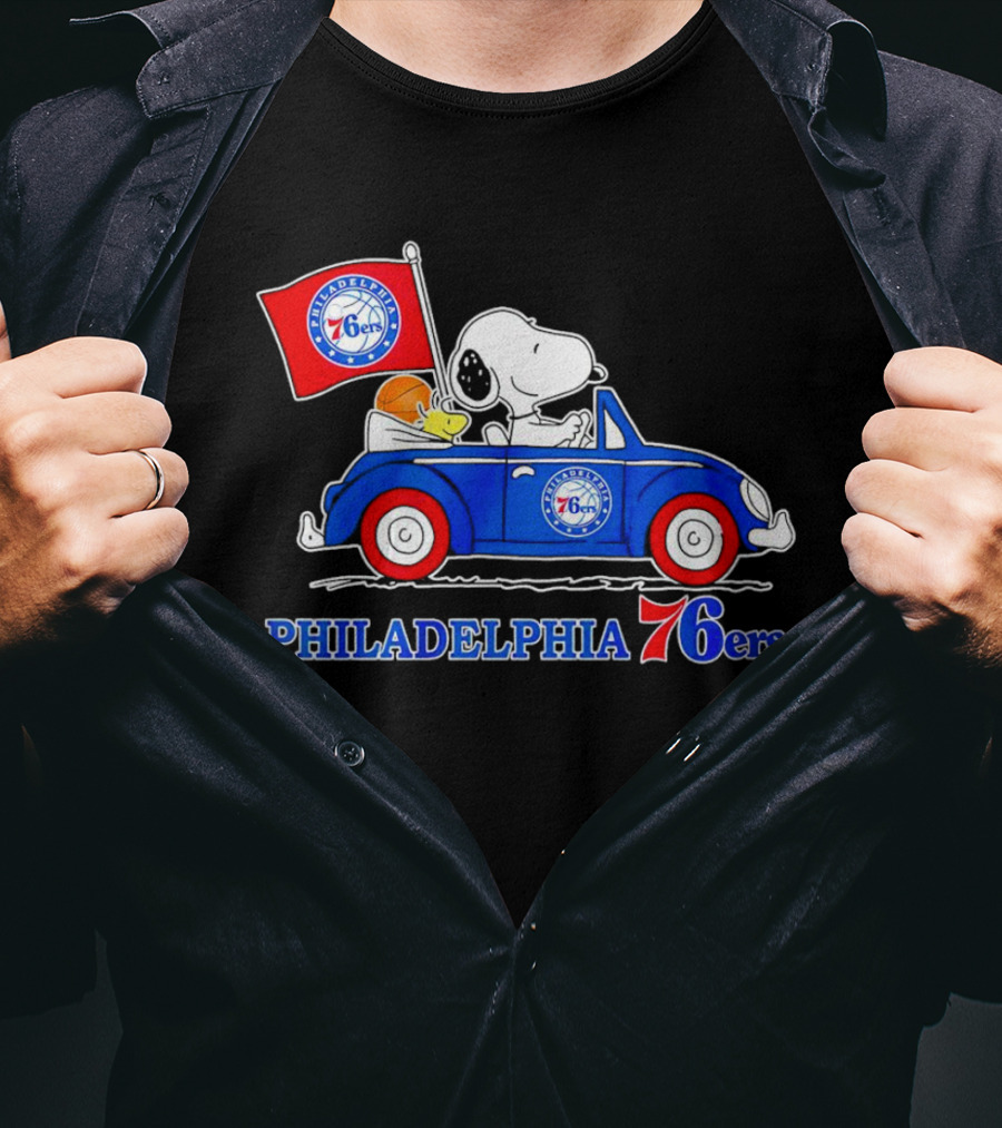 Philadelphia 76ers Snoopy Driving Car With Basketball And Flag T-Shirt
