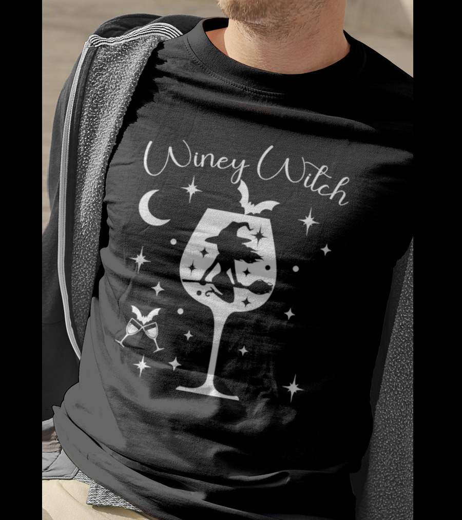 Winey Witch Halloween Moon Stars Broom Bat T-Shirt