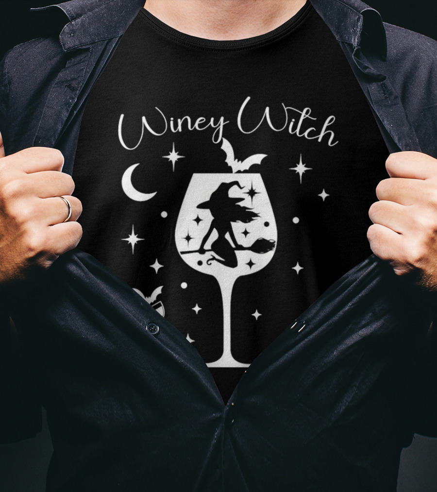 Winey Witch Halloween Moon Stars Broom Bat T-Shirt