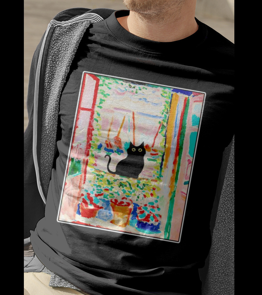 Black Cat In Vibrant Open Window Scene With Colorful T-Shirt