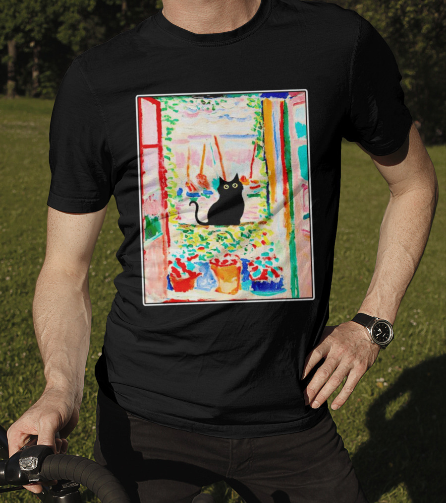 Black Cat In Vibrant Open Window Scene With Colorful T-Shirt