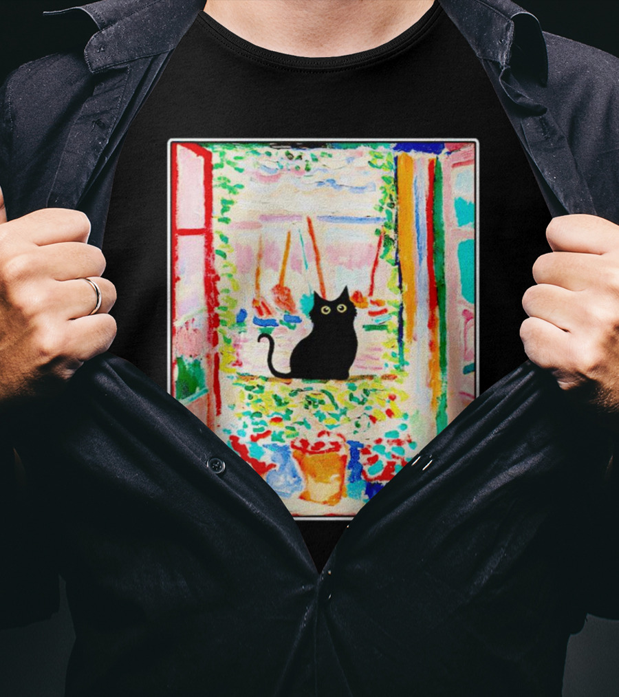 Black Cat In Vibrant Open Window Scene With Colorful T-Shirt