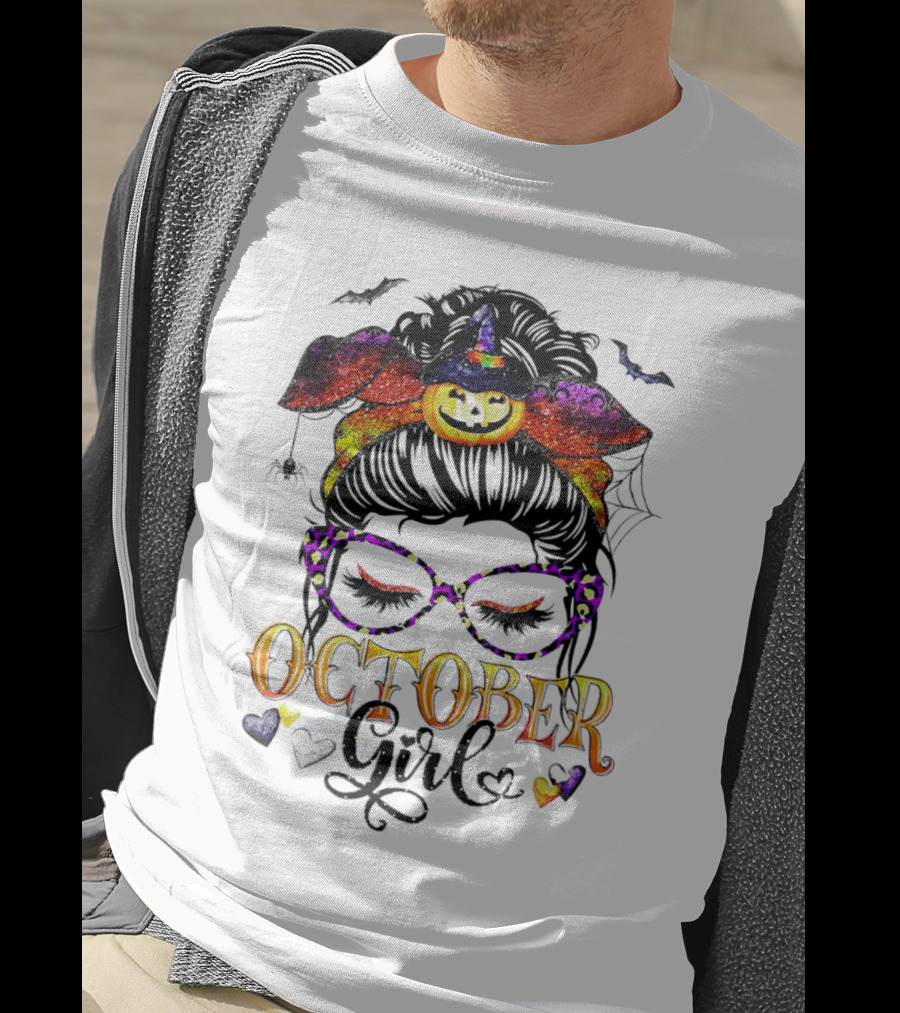 Messy Bun Pumpkin Witch Hat Spider Bats Glasses October Girl Halloween T-Shirt