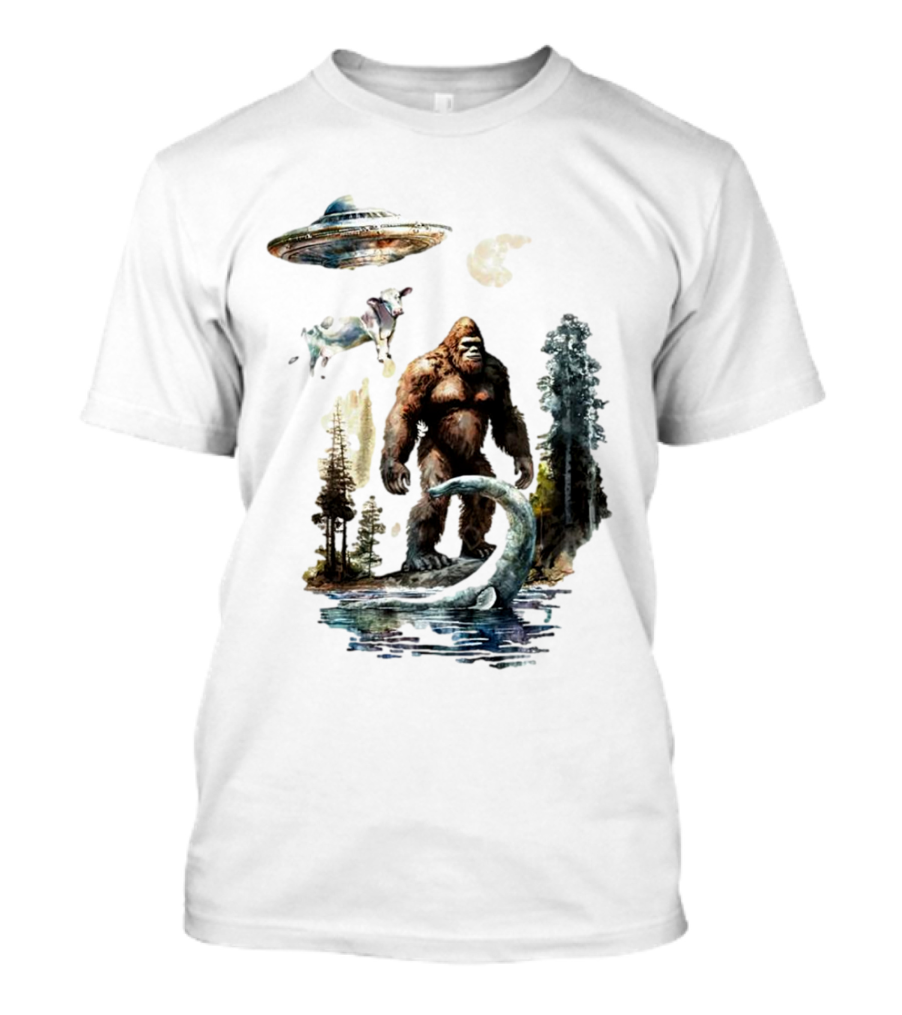 UFO Bigfoot Sasquatch Loch Ness Monster Alien Forest Scene T-Shirt