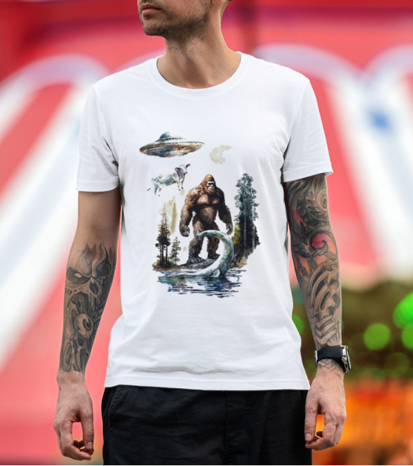 Premium T-Shirt: UFO Bigfoot Sasquatch Loch Ness Monster Alien Forest Scene T-Shirt UFO Bigfoot Sasquatch Loch Ness Monster Alien Forest Scene T-Shirt