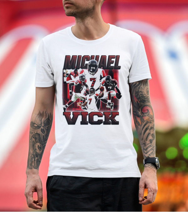 Premium T-Shirt: Michael Vick Atlanta Falcons Football Number 7 Quarterback Action Collage T-Shirt Michael Vick Atlanta Falcons Football Number 7 Quarterback Action Collage T-Shirt