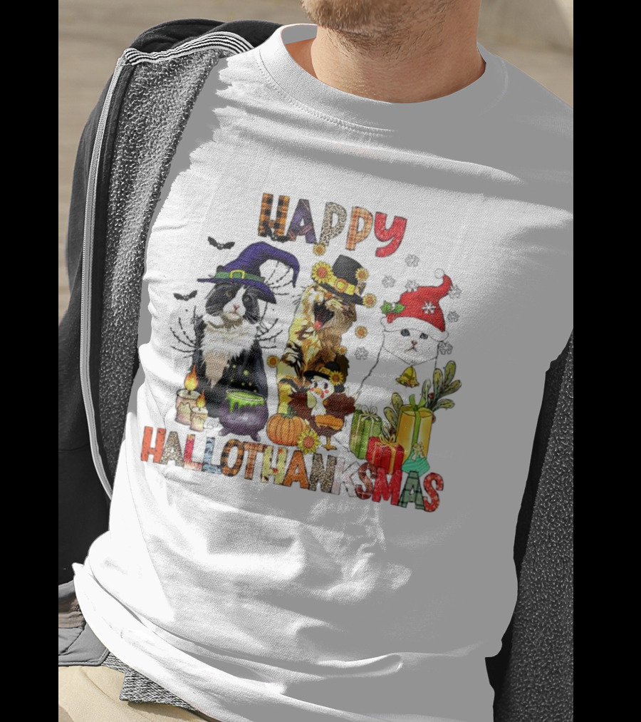 Happy Hallothanksmas Cats In Witch, Pilgrim, And Santa Hats With Pumpkins Presents And Cauldron T-Shirt