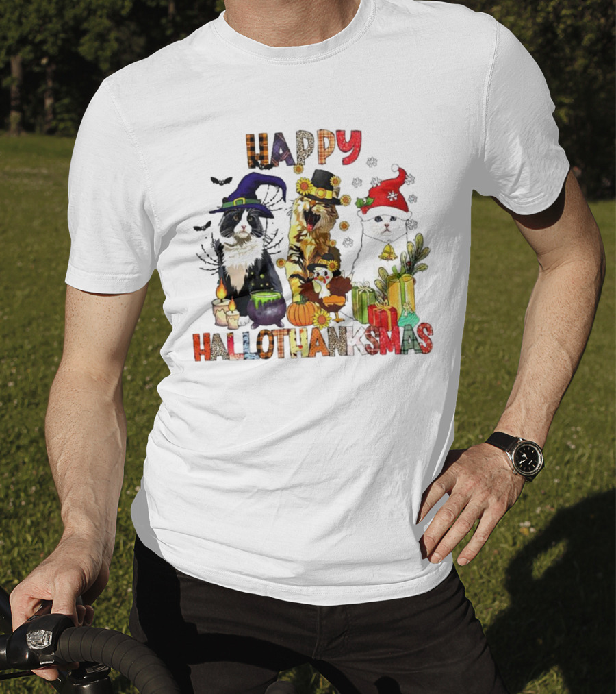 Happy Hallothanksmas Cats In Witch, Pilgrim, And Santa Hats With Pumpkins Presents And Cauldron T-Shirt