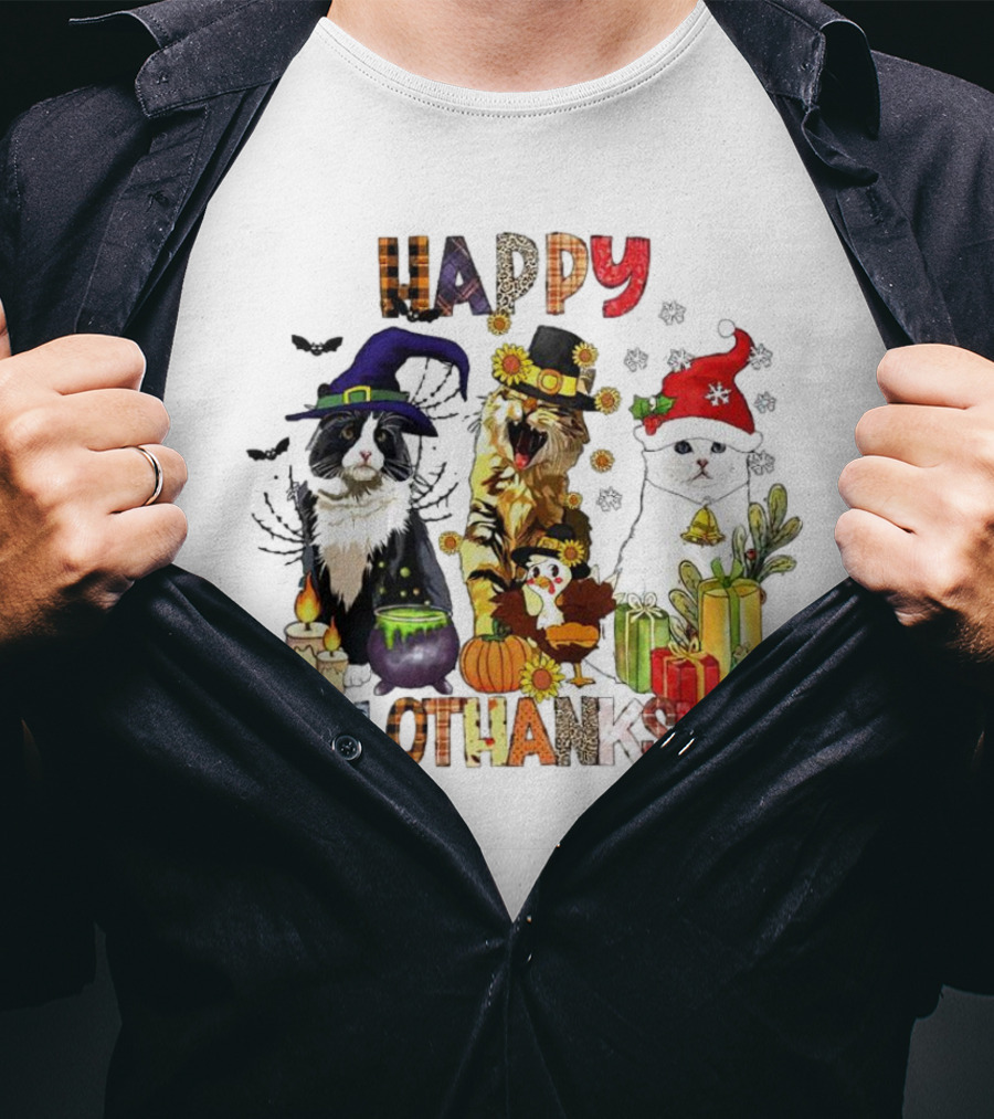 Happy Hallothanksmas Cats In Witch, Pilgrim, And Santa Hats With Pumpkins Presents And Cauldron T-Shirt