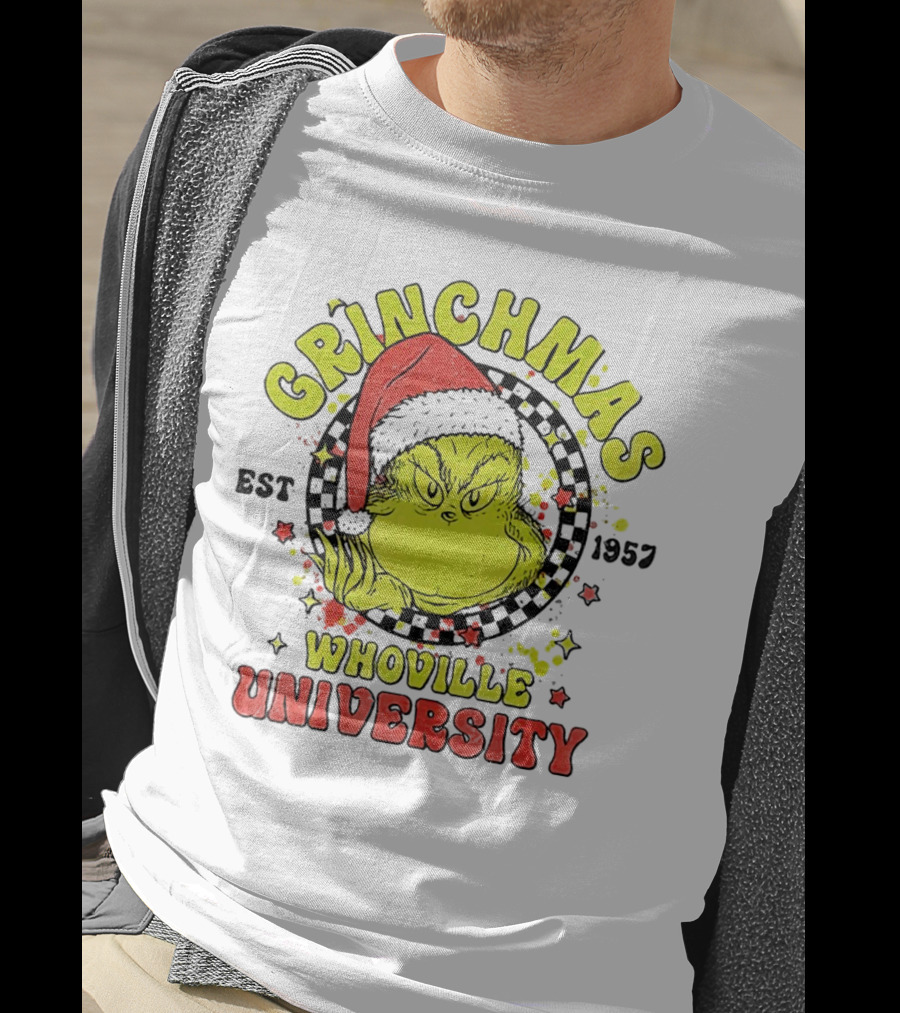 Grinchmas Whoville University Est 1957 Christmas Grinch Santa Hat T-Shirt