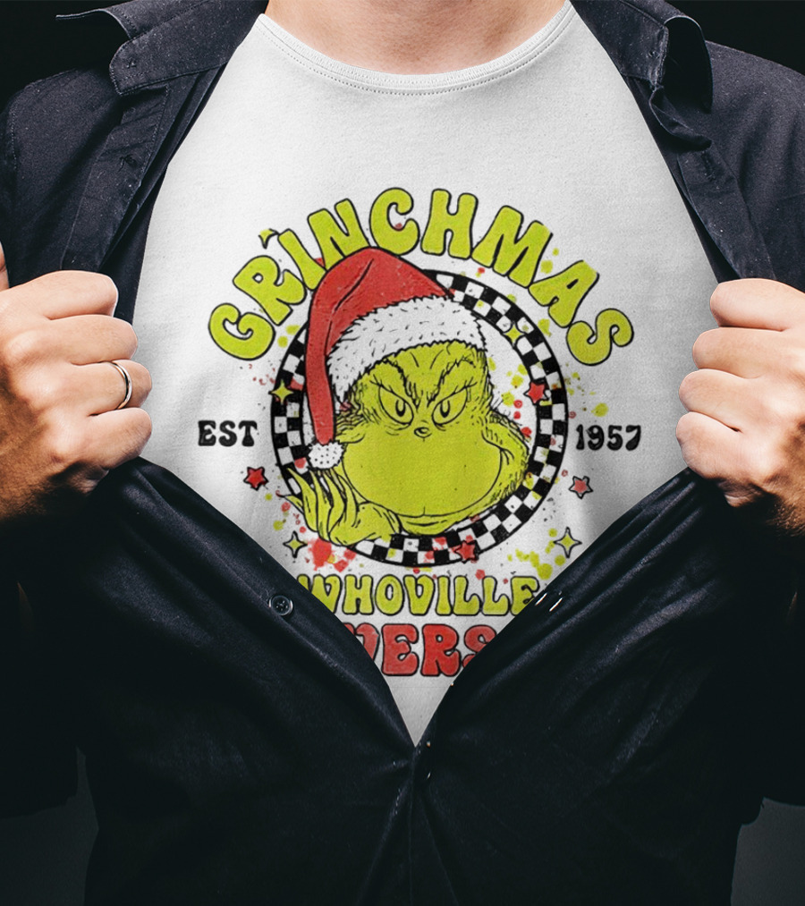 Grinchmas Whoville University Est 1957 Christmas Grinch Santa Hat T-Shirt