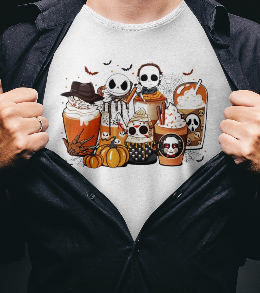 Halloween Cup Horror Funny Character Fall Pumpkin Latte Icons T-Shirt