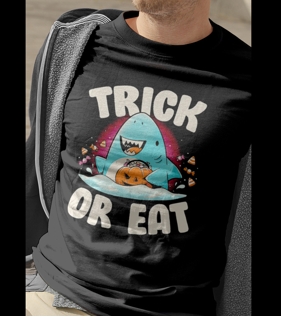 Trick Or Eat Shark Halloween Pumpkin Candy T-Shirt