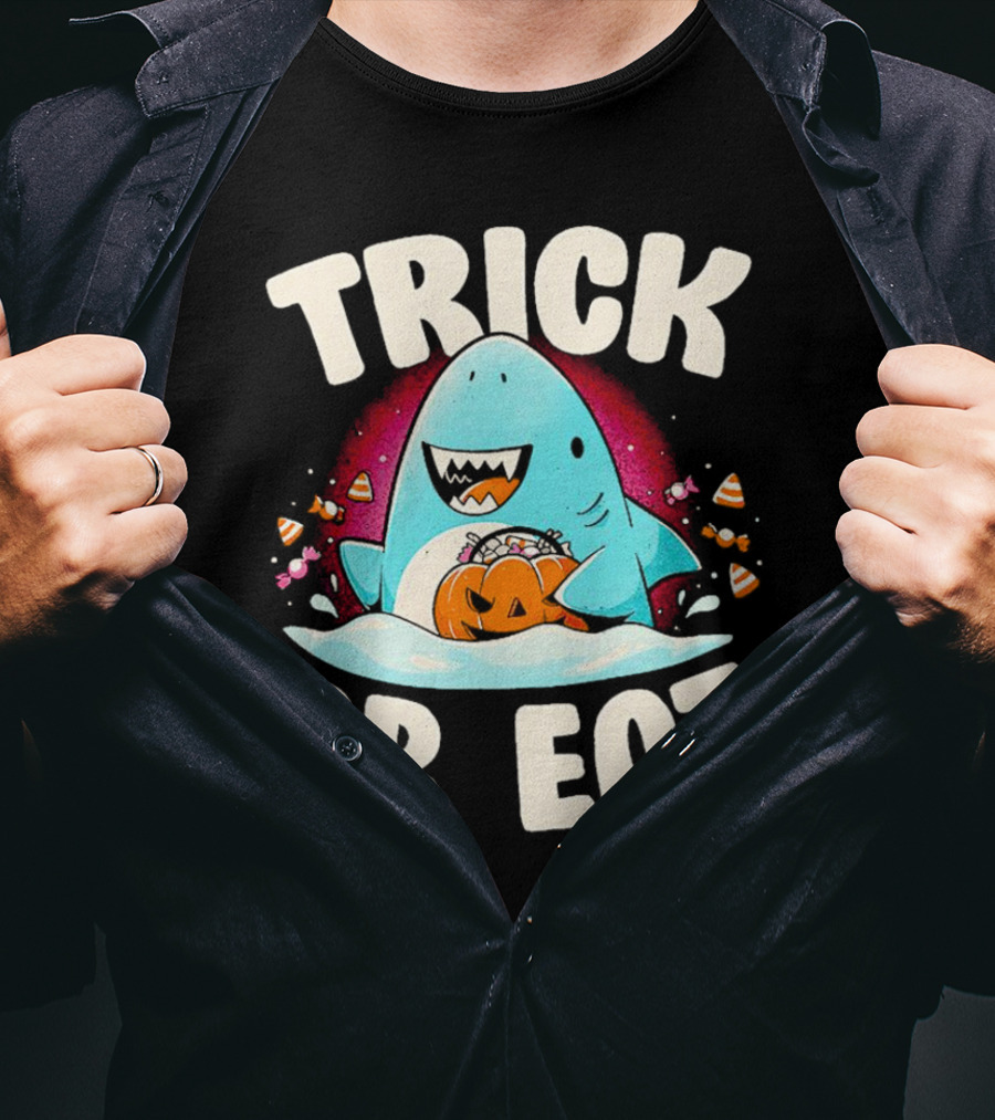 Trick Or Eat Shark Halloween Pumpkin Candy T-Shirt