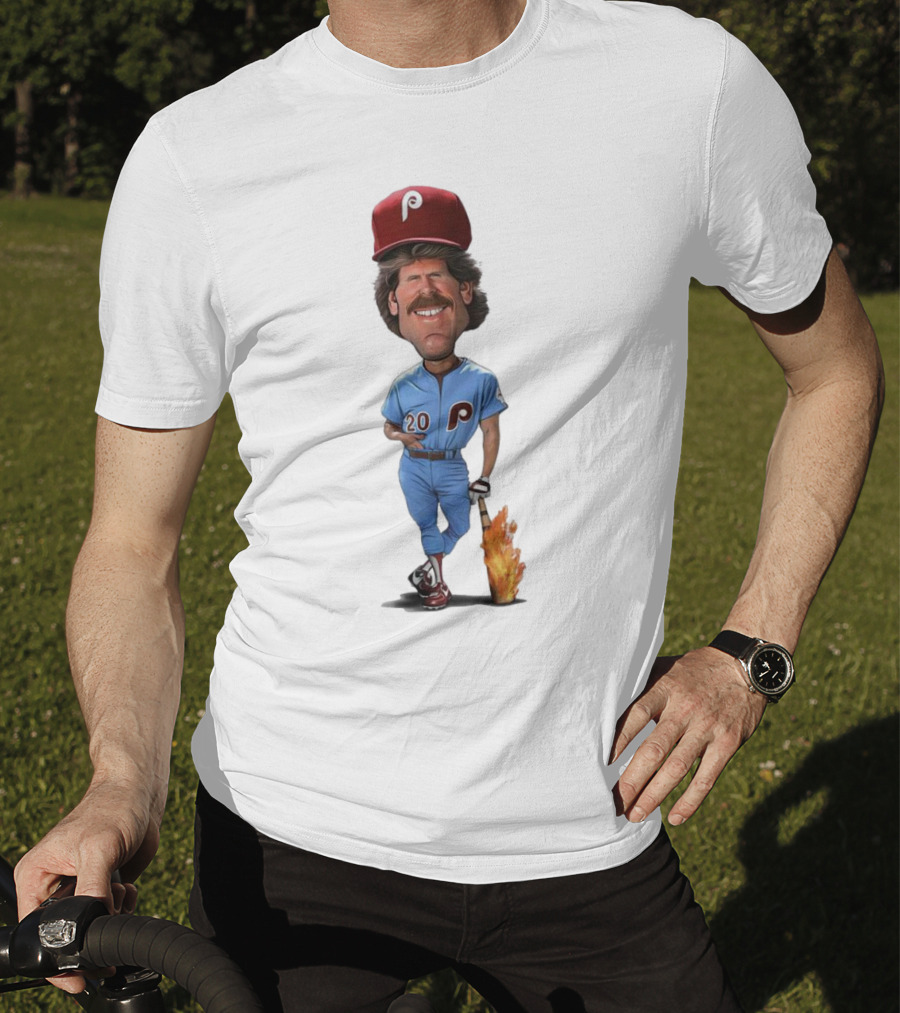 Mike Schmidt Number 20 Philadelphia Phillies Caricature With Flaming Bat T-Shirt
