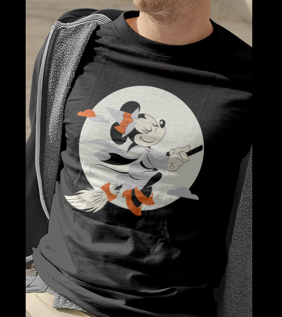 Minnie Mouse Witch Flying On Broomstick Halloween Full Moon T-Shirt