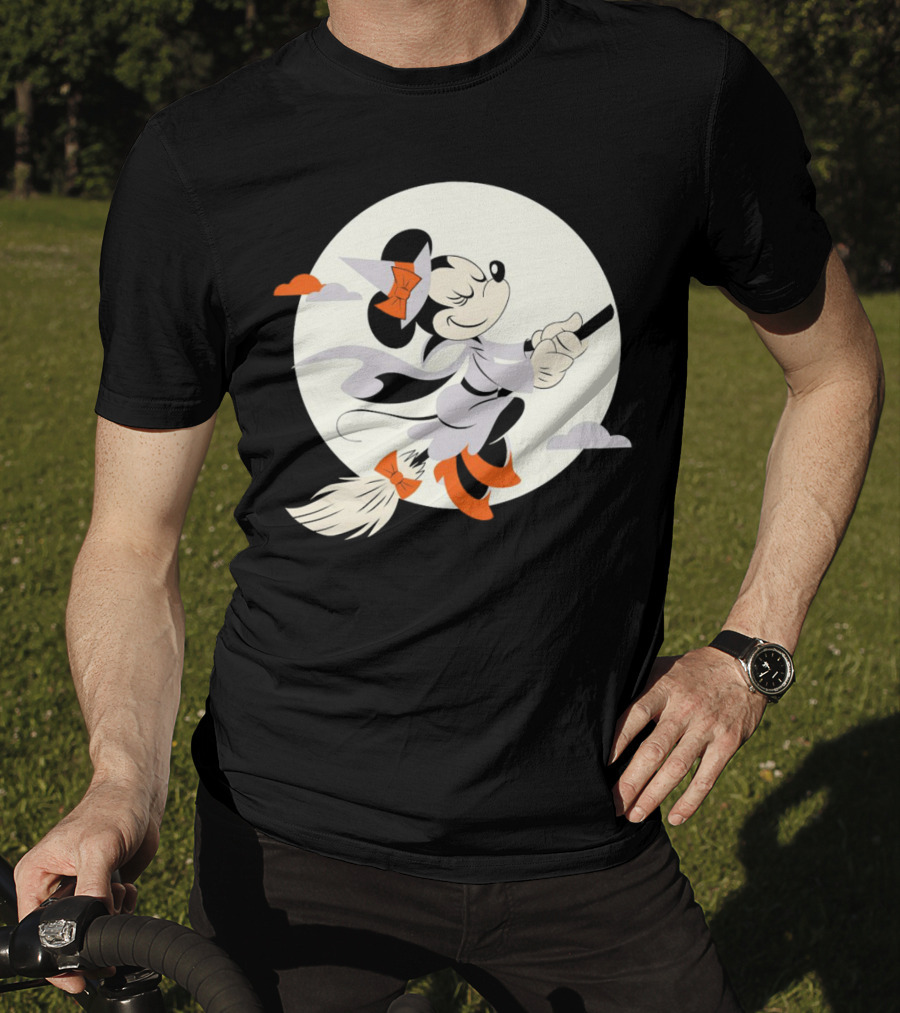 Minnie Mouse Witch Flying On Broomstick Halloween Full Moon T-Shirt