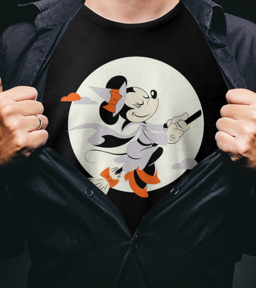 Minnie Mouse Witch Flying On Broomstick Halloween Full Moon T-Shirt