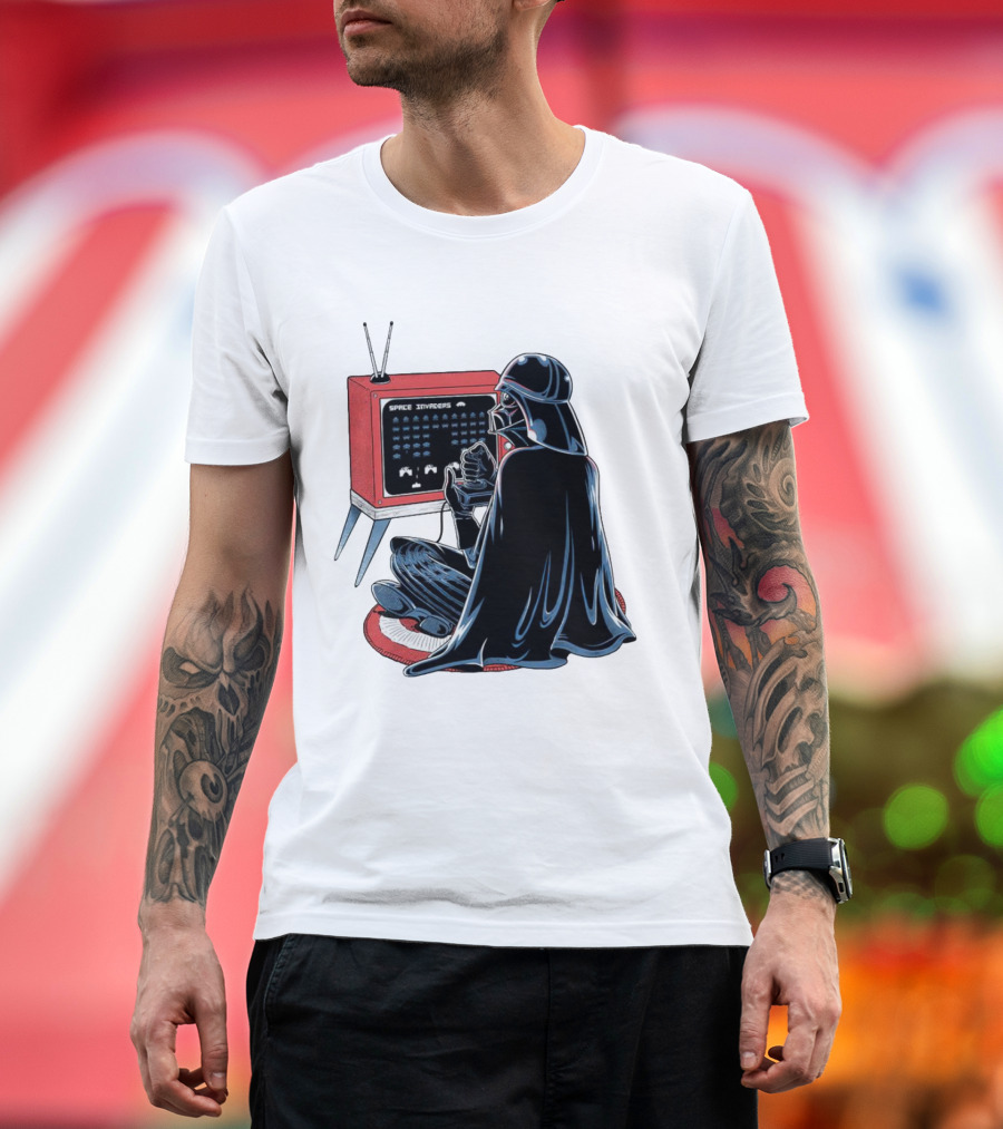 Nostalgic Darth Vader Playing Space Invaders on Retro TV T-Shirt