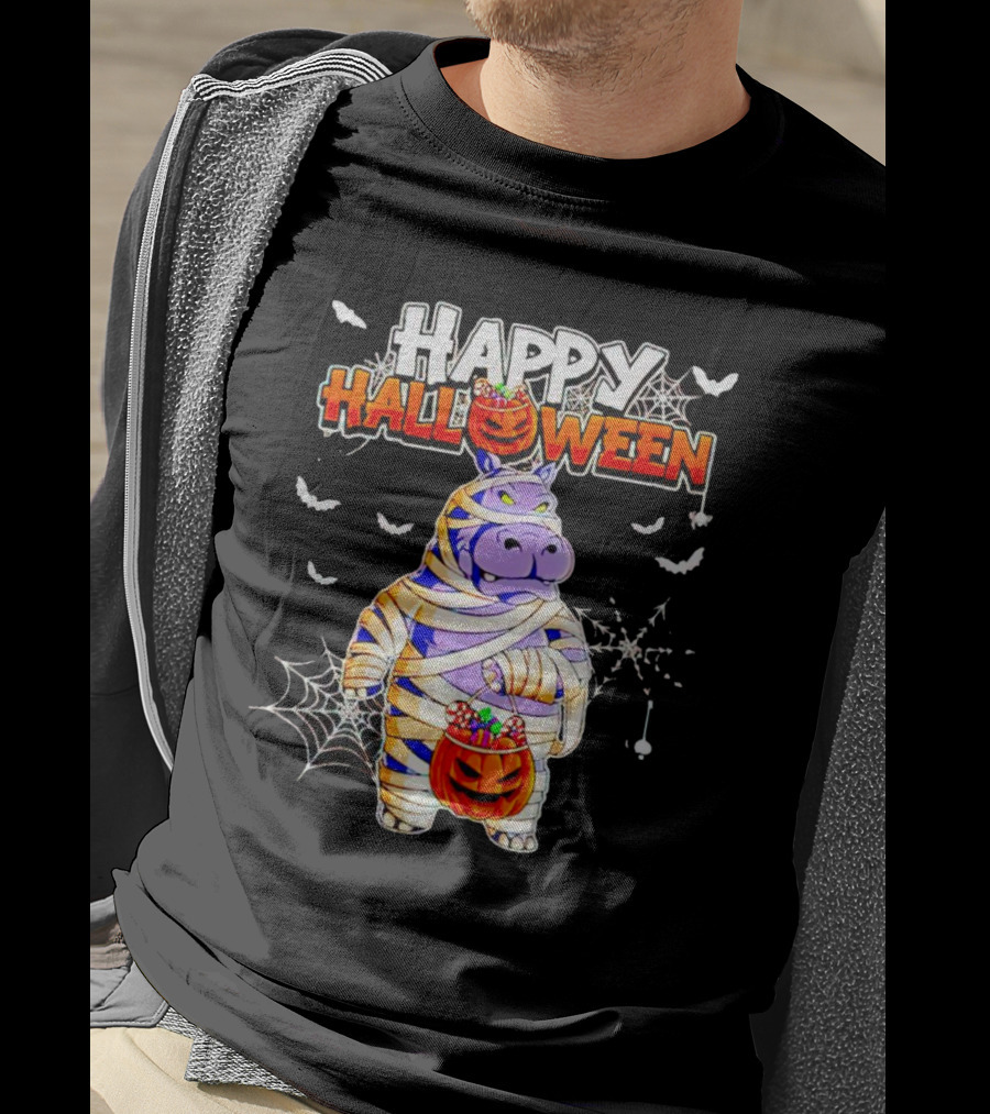 Hippopotamus Mummy With Pumpkin Candy Bucket Happy Halloween T-Shirt