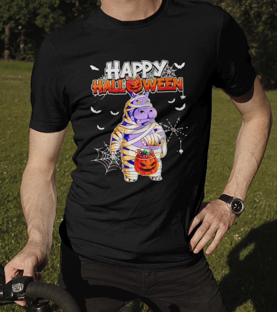 Hippopotamus Mummy With Pumpkin Candy Bucket Happy Halloween T-Shirt