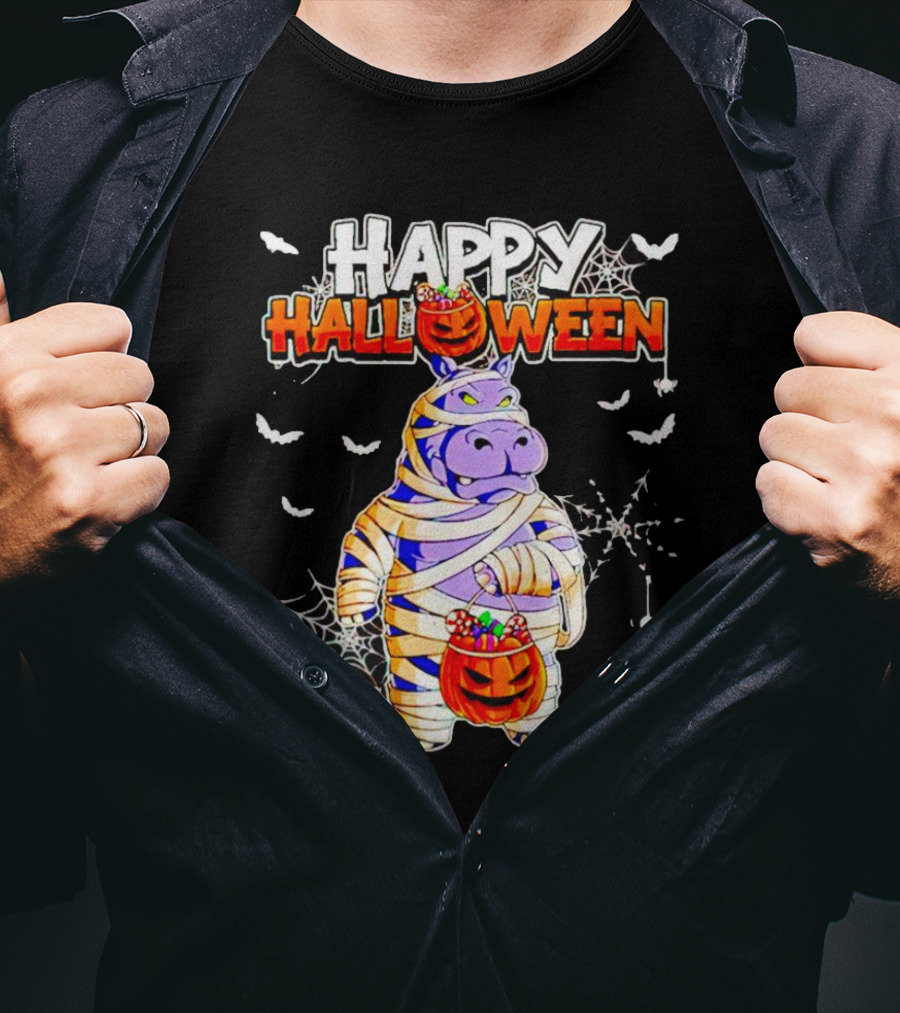 Hippopotamus Mummy With Pumpkin Candy Bucket Happy Halloween T-Shirt