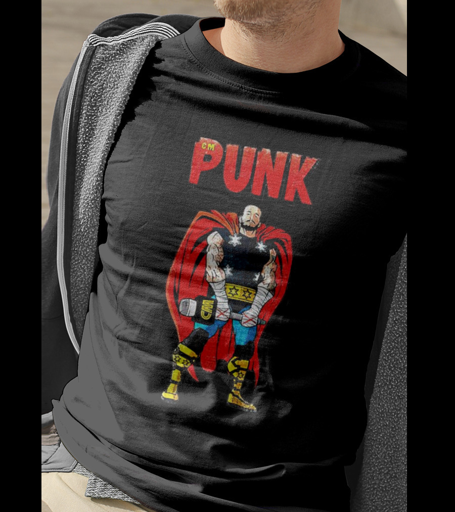 CM Punk Superhero Cape And Thunder Hammer Pose T-Shirt