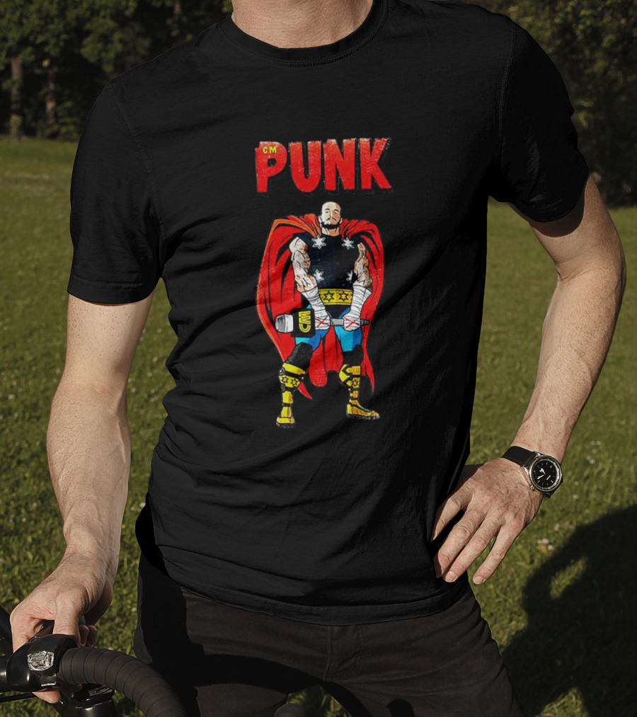 CM Punk Superhero Cape And Thunder Hammer Pose T-Shirt