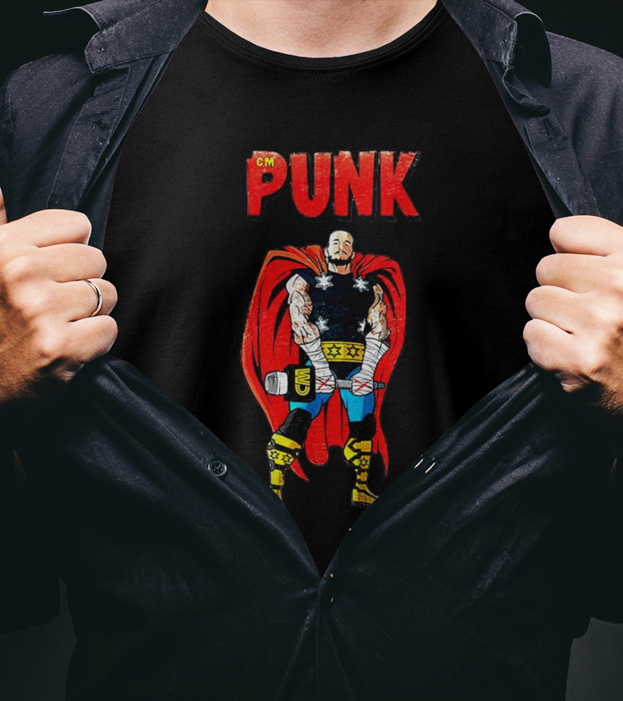 CM Punk Superhero Cape And Thunder Hammer Pose T-Shirt