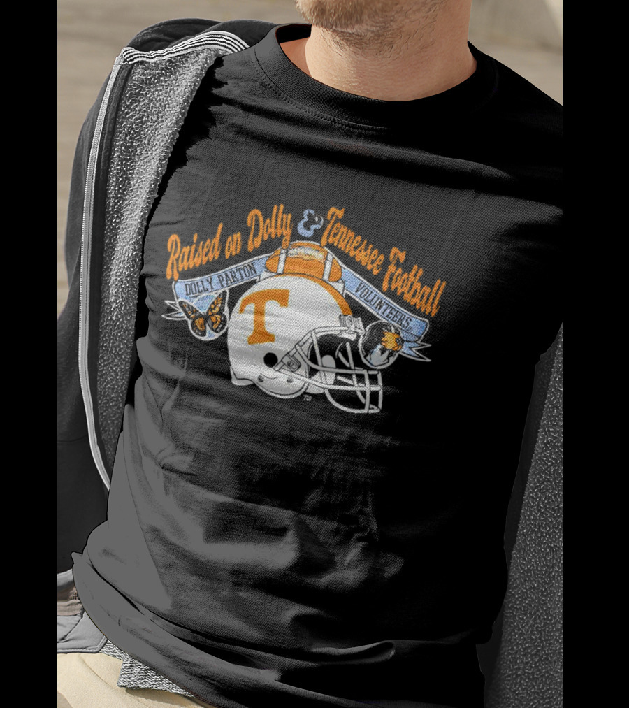 Raised On Dolly Parton And Tennessee Volunteers Football Helmet Butterfly Dog T-Shirt
