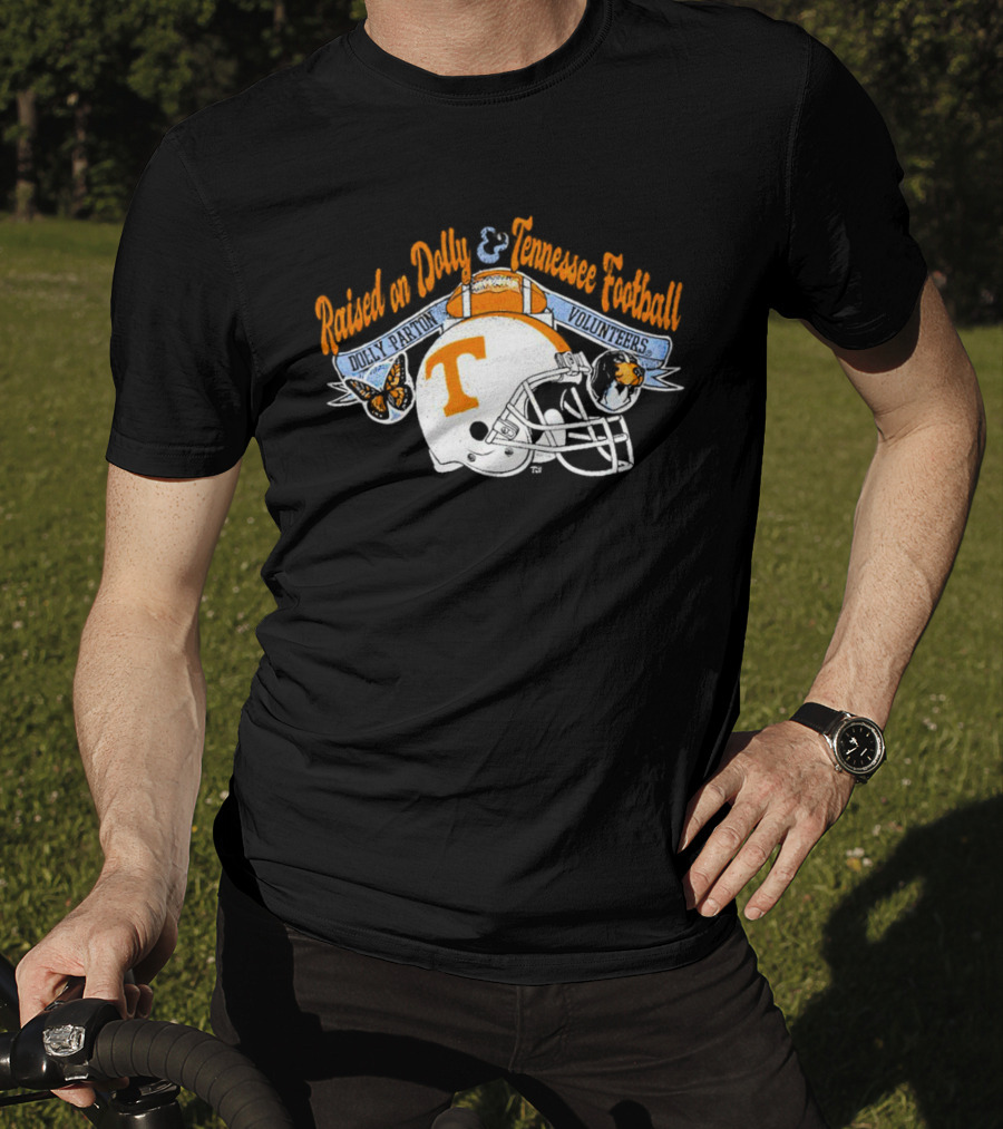 Raised On Dolly Parton And Tennessee Volunteers Football Helmet Butterfly Dog T-Shirt
