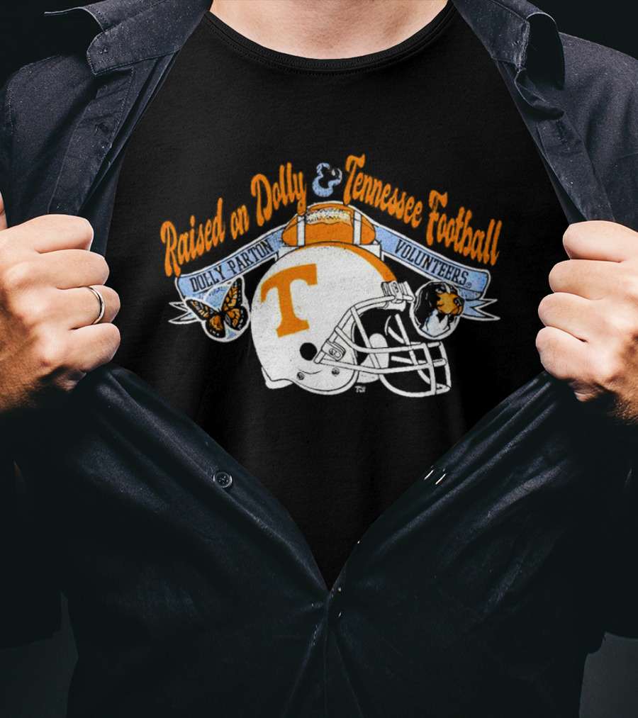 Raised On Dolly Parton And Tennessee Volunteers Football Helmet Butterfly Dog T-Shirt