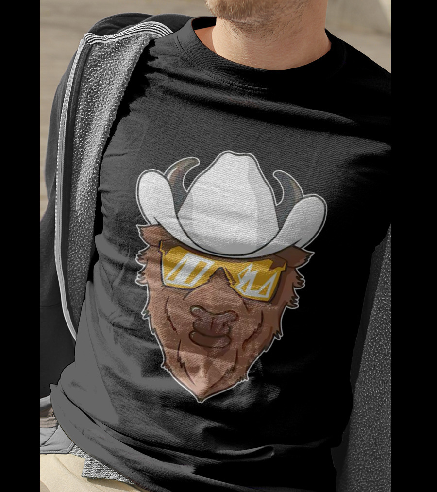 Cartoon Buffalo Wearing Cowboy Hats And Sunglasses T-Shirt