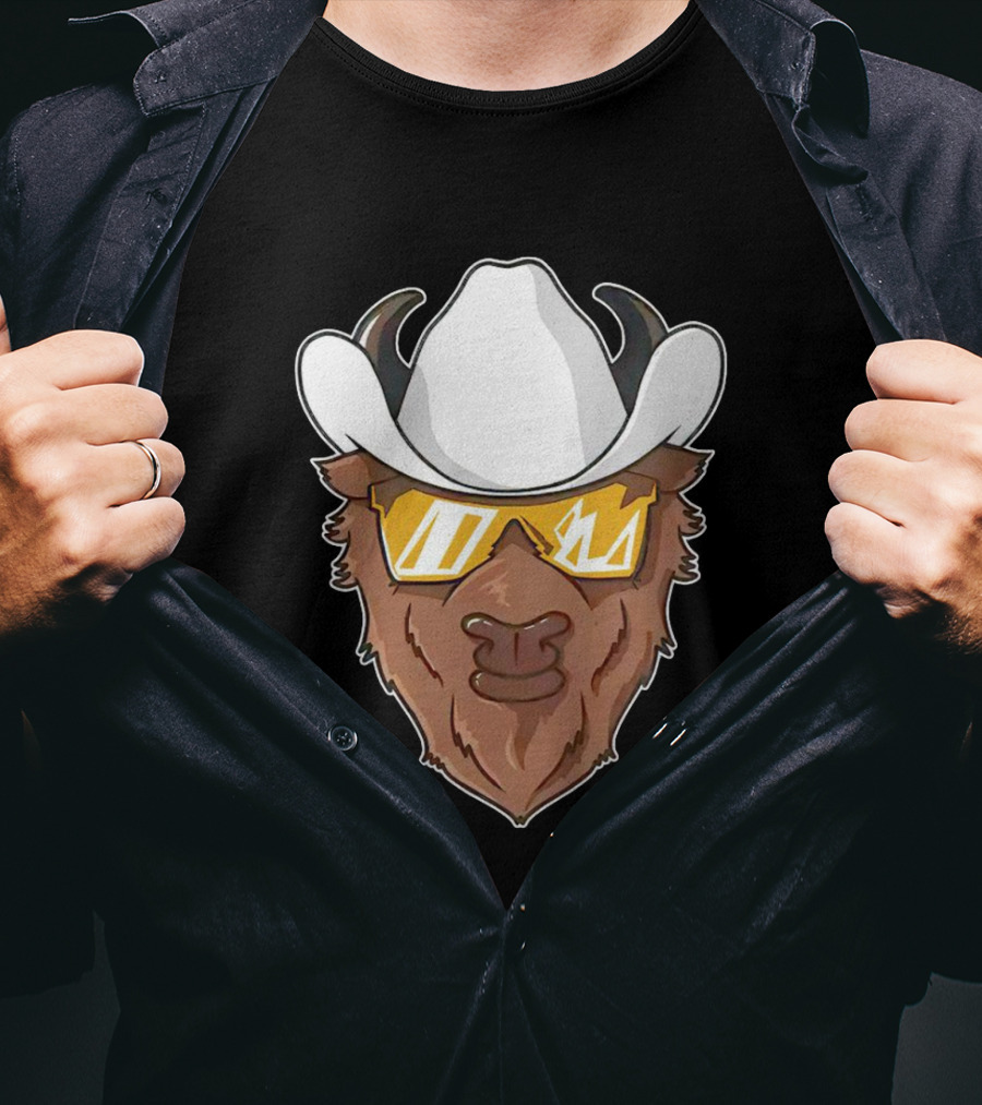 Cartoon Buffalo Wearing Cowboy Hats And Sunglasses T-Shirt